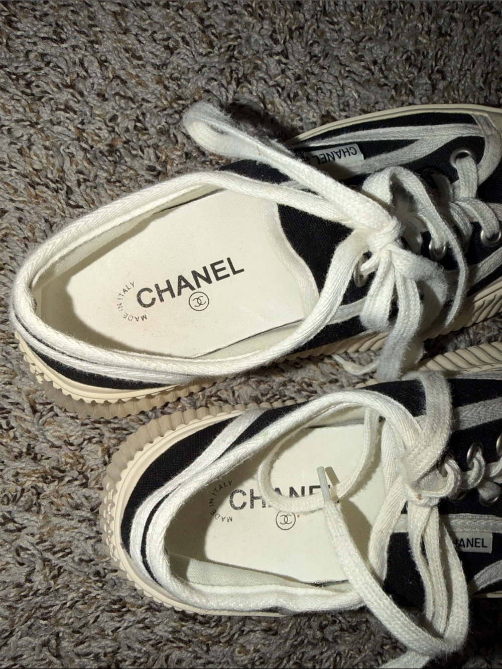 CHANEL Black and Cream Canvas Platform Lace-Up Sneakers - Picture 3 of 4